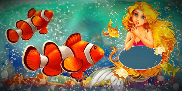 Kreskówka scena z syrena księżniczka pływanie w pod wodą k — Zdjęcie stockowe