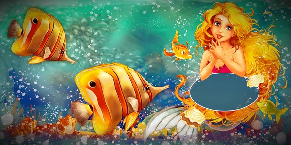 卡通片，美人鱼公主在水里游泳 — 图库照片