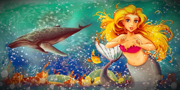 人魚姫が水中kで泳いでいる漫画シーン — ストック写真