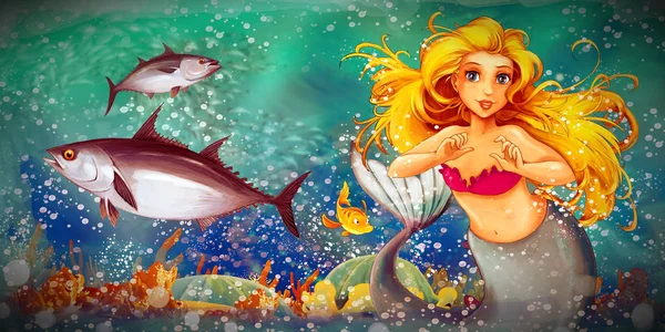 Tecknad scen med sjöjungfru prinsessa simmar i vattnet k — Stockfoto