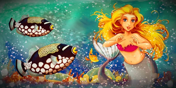Cartoon scene with mermaid princess swimming in the underwater k — 스톡 사진