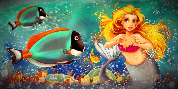 Cartoon scene with mermaid princess swimming in the underwater k — 스톡 사진