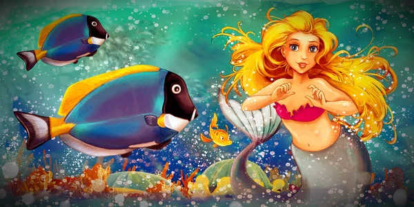 Zeichentrickszene mit Meerjungfrau-Prinzessin, die im Unterwasser schwimmt — Stockfoto