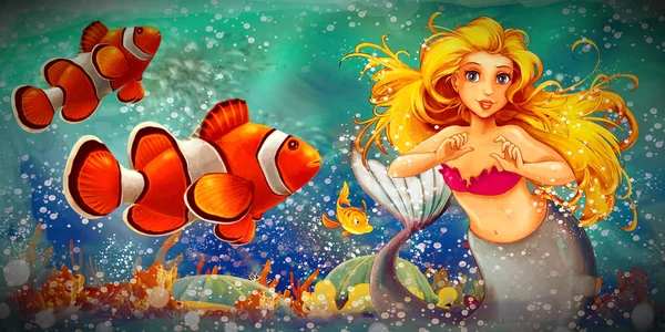 Мультяшная сцена с принцессой-русалкой, плавающей под водой — стоковое фото