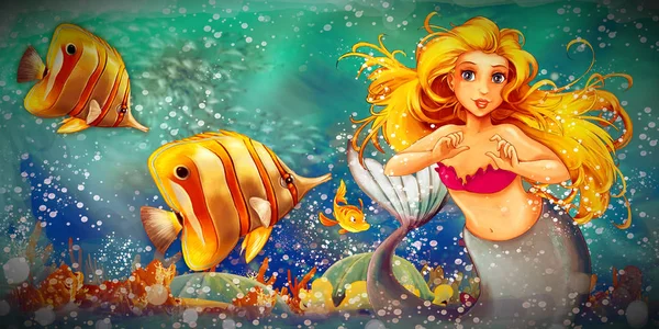 Escena de dibujos animados con princesa sirena nadando en el submarino k — Foto de Stock