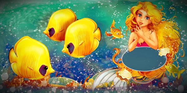 Cena dos desenhos animados com sereia princesa nadando no submarino k — Fotografia de Stock