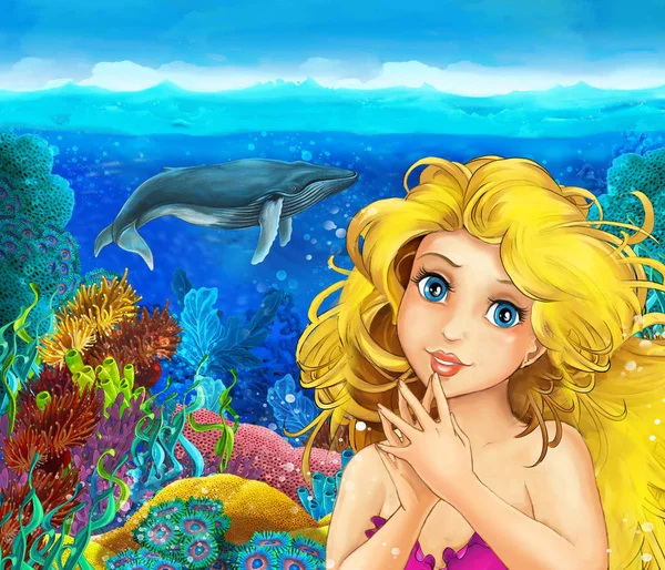 Zeichentrickszene mit Meerjungfrau-Prinzessin beim Schwimmen im Unterwasserreich Korallenriff in der Nähe einiger Fische - Illustration für Kinder — Stockfoto