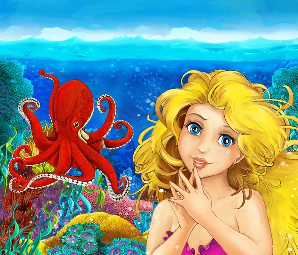 Σκηνή κινουμένων σχεδίων με γοργόνα πριγκίπισσα κολύμπι στο υποβρύχιο κοραλλιογενή ύφαλο βασίλειο κοντά σε κάποια ψάρια - εικονογράφηση για τα παιδιά — Φωτογραφία Αρχείου