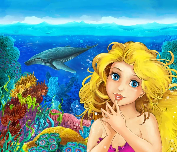 Kreslená scéna s mořskou pannou princezna koupání v podmořském království korálový útes v blízkosti některých ryb - ilustrace pro děti — Stock fotografie