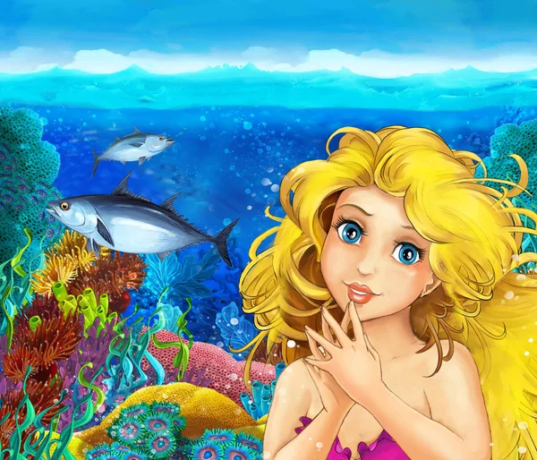 Scena dei cartoni animati con principessa sirena nuotare nel regno sottomarino barriera corallina vicino ad alcuni pesci - illustrazione per bambini — Foto Stock
