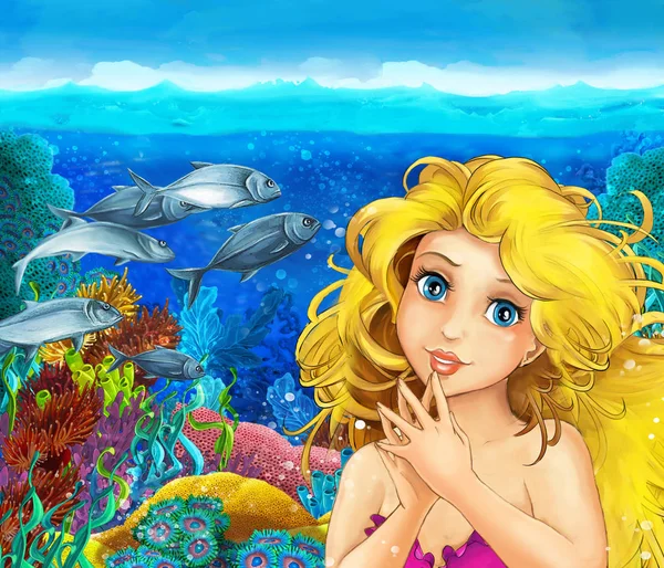 人魚姫がいくつかの魚の近くの水中王国のサンゴ礁で泳いでいる漫画シーン-子供のためのイラスト — ストック写真