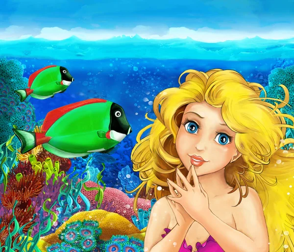 Мультяшна сцена з русалонькою принцесою, що плаває в підводному царстві кораловий риф біля деяких риб ілюстрація для дітей — стокове фото
