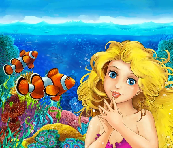 Scena dei cartoni animati con principessa sirena nuotare nel regno sottomarino barriera corallina vicino ad alcuni pesci - illustrazione per bambini — Foto Stock