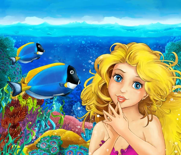 Escena de dibujos animados con princesa sirena nadando en el arrecife de coral reino submarino cerca de algunos peces - ilustración para los niños —  Fotos de Stock