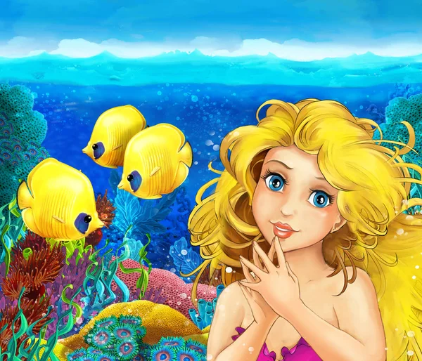 Escena de dibujos animados con princesa sirena nadando en el arrecife de coral reino submarino cerca de algunos peces - ilustración para los niños — Foto de Stock