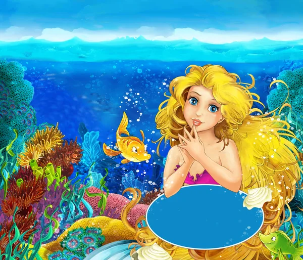 Мультяшна сцена з русалонькою принцесою, що плаває в підводному царстві кораловий риф біля деяких риб ілюстрація для дітей — стокове фото