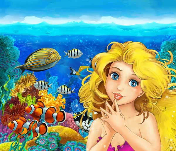 Scena dei cartoni animati con principessa sirena nuotare nel regno sottomarino barriera corallina vicino ad alcuni pesci - illustrazione per bambini — Foto Stock