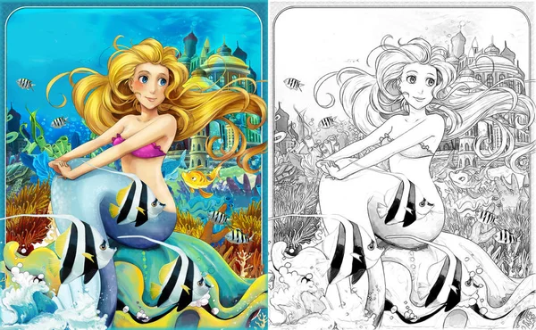 cartoon scene with mermaid princess sitting on big shell in underwater kingdom with fishes with coloring page - illustration for children