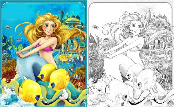 Scène de dessin animé avec la princesse sirène assise sur une grande coquille dans le royaume sous-marin avec des poissons avec coloriage illustration pour les enfants — Photo