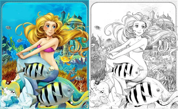 Cartoon scene with mermaid princess sitting on big shell in underwater kingdom with fishes with coloring page - illustration for children — Stock Photo, Image