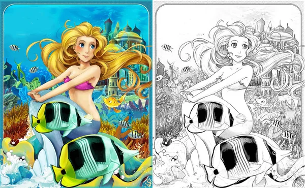 Cena dos desenhos animados com sereia princesa sentado em grande concha no reino subaquático com peixes com página para colorir - ilustração para crianças — Fotografia de Stock