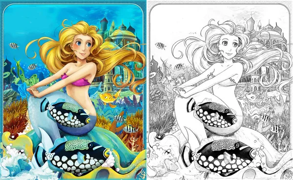 cartoon scene with mermaid princess sitting on big shell in underwater kingdom with fishes with coloring page - illustration for children