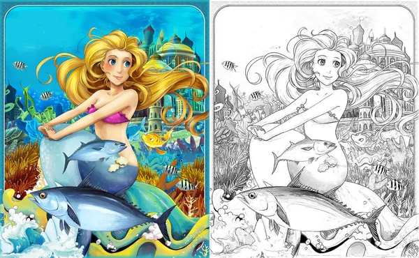 cartoon scene with mermaid princess sitting on big shell in underwater kingdom with fishes with coloring page - illustration for children