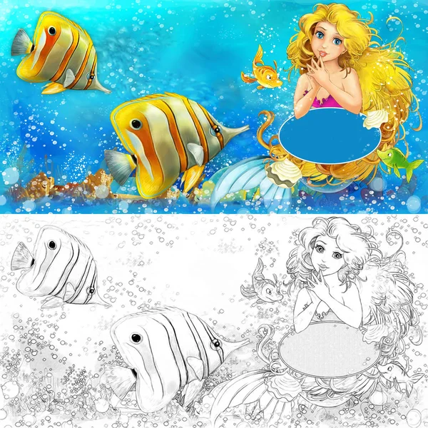 Мультяшная сцена с принцессой-русалкой, сидящей на большой раковине в подводном царстве с рыбами с раскраской - иллюстрация для детей — стоковое фото