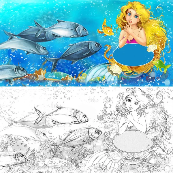 Σκηνή κινουμένων σχεδίων με γοργόνα πριγκίπισσα κάθεται σε μεγάλο κέλυφος στο υποβρύχιο βασίλειο με ψάρια με χρωματισμό σελίδα - εικονογράφηση για τα παιδιά — Φωτογραφία Αρχείου