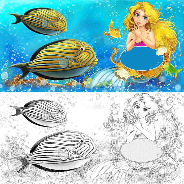 Cartoon scene with mermaid princess sitting on big shell in underwater kingdom with fishes with coloring page - illustration for children — Stock Photo, Image