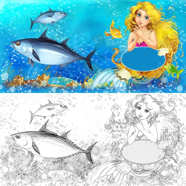 Cartoon scene with mermaid princess sitting on big shell in underwater kingdom with fishes with coloring page - illustration for children — Stock Photo, Image