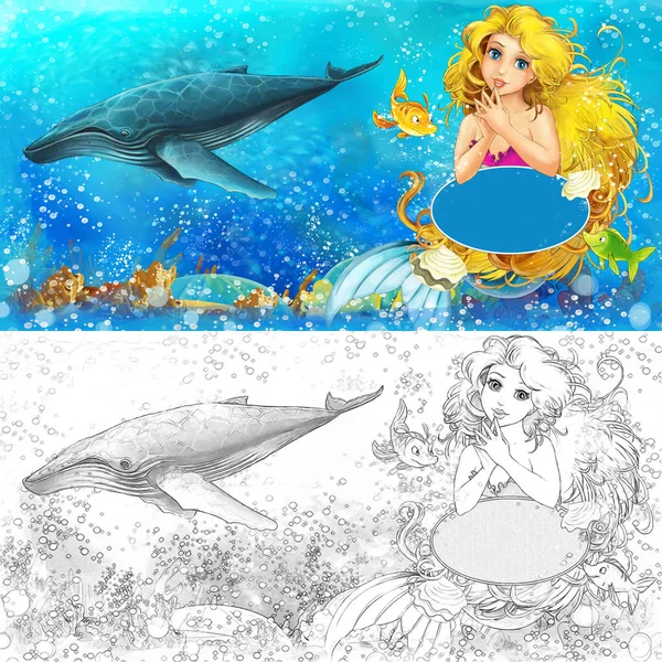 Scène de dessin animé avec la princesse sirène assise sur une grande coquille dans le royaume sous-marin avec des poissons avec coloriage illustration pour les enfants — Photo