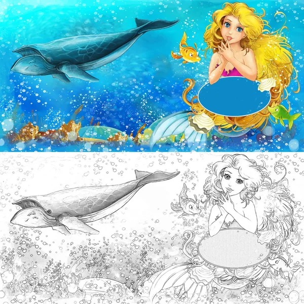 Cena dos desenhos animados com sereia princesa sentado em grande concha no reino subaquático com peixes com página para colorir - ilustração para crianças — Fotografia de Stock