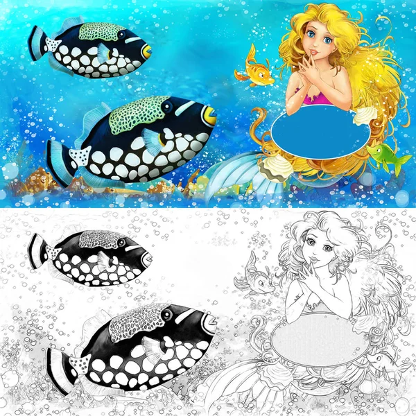 Мультяшная сцена с принцессой-русалкой, сидящей на большой раковине в подводном царстве с рыбами с раскраской - иллюстрация для детей — стоковое фото