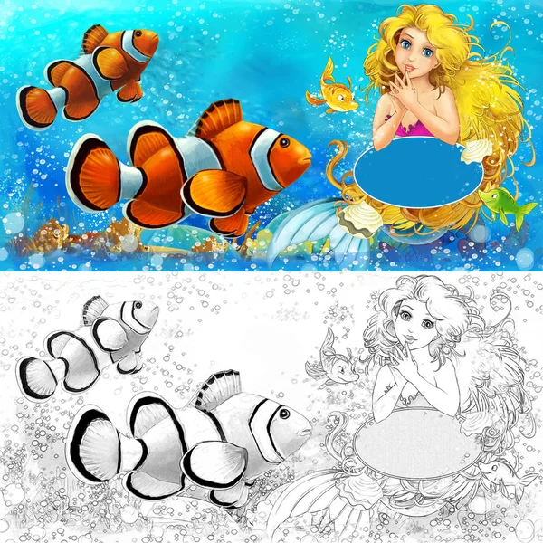 Cartoon scene with mermaid princess sitting on big shell in underwater kingdom with fishes with coloring page - illustration for children — Stock Photo, Image