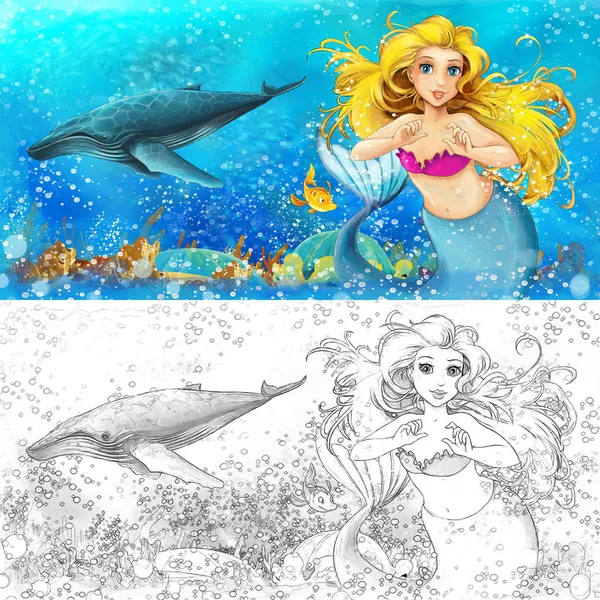 Cartoon-Szene mit Meerjungfrau Prinzessin sitzt auf großer Muschel im Unterwasserreich mit Fischen mit Malvorlage - Illustration für Kinder — Stockfoto