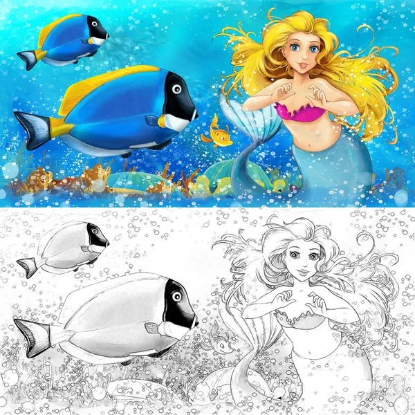 Scène de dessin animé avec la princesse sirène assise sur une grande coquille dans le royaume sous-marin avec des poissons avec coloriage illustration pour les enfants — Photo