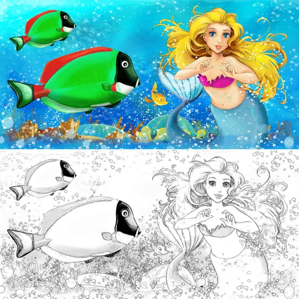 Cartoon scene with mermaid princess sitting on big shell in underwater kingdom with fishes with coloring page - illustration for children — Stock Photo, Image