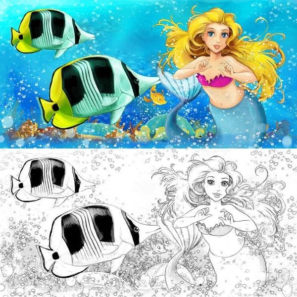 Scène de dessin animé avec la princesse sirène assise sur une grande coquille dans le royaume sous-marin avec des poissons avec coloriage illustration pour les enfants — Photo