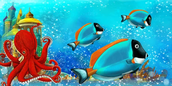 Kreslená scéna s rybami v krásném podmořském korálovém útesu - ilustrace pro děti — Stock fotografie