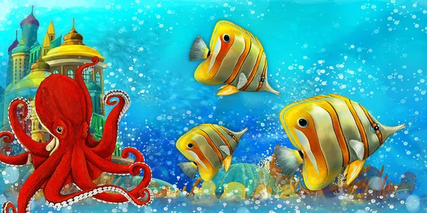 Cartoon scene with fishes in the beautiful underwater kingdom coral reef - illustration for children — 스톡 사진