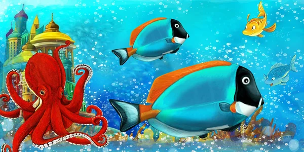 Cena dos desenhos animados com peixes no belo recife de coral do reino subaquático - ilustração para crianças — Fotografia de Stock