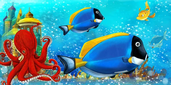 Cartoon scene with fishes in the beautiful underwater kingdom coral reef - illustration for children — 스톡 사진