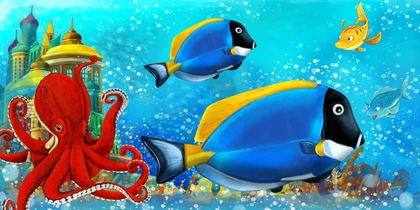 Scena dei cartoni animati con i pesci nella bella barriera corallina regno subacqueo - illustrazione per bambini — Foto Stock