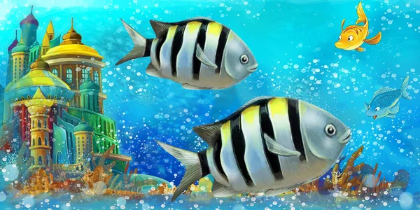 Escena de dibujos animados con peces en el hermoso arrecife de coral reino submarino - ilustración para niños —  Fotos de Stock