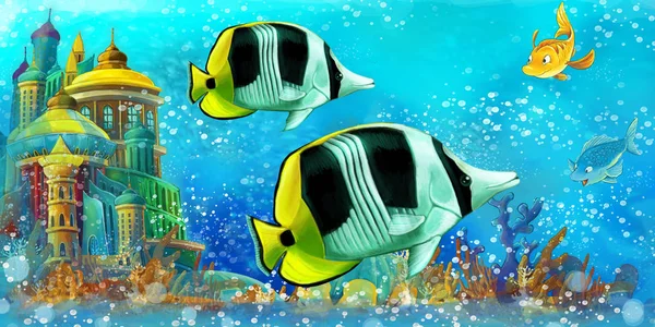Scène de dessin animé avec des poissons dans le magnifique récif corallien du royaume sous-marin illustration pour les enfants — Photo