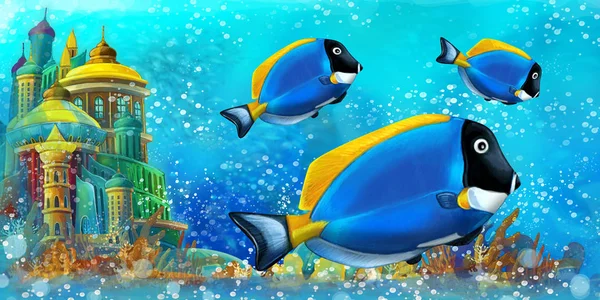 Su altı mercan resiflerindeki balıkların olduğu karikatür sahnesi - çocuklar için resimdir. — Stok fotoğraf