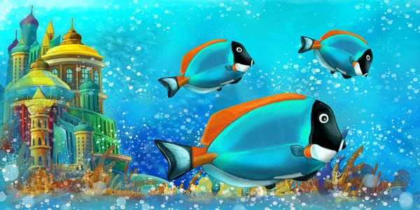 Cartoon scene with fishes in the beautiful underwater kingdom coral reef - illustration for children — Stock Photo, Image