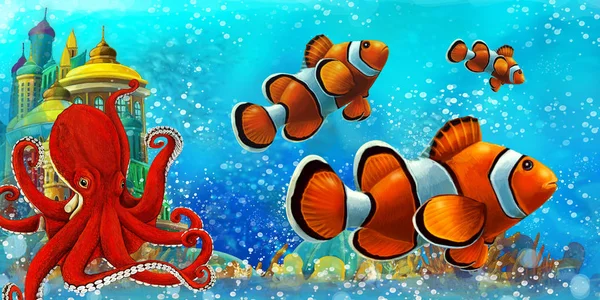 Мультяшная сцена с рыбами в красивом подводном королевстве коралловый риф - иллюстрация для детей — стоковое фото