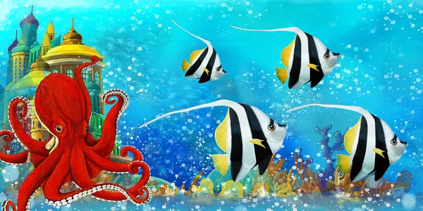 Cartoon scene with fishes in the beautiful underwater kingdom coral reef - illustration for children — Stock Photo, Image